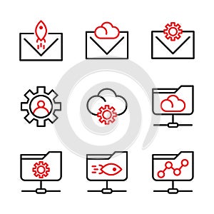 Basic vector search engine optimization icon include email, envelope, rocket, cloud, setting, gear, user, folder network, share