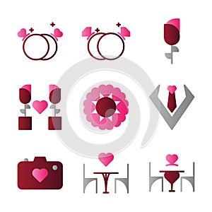 Basic vector wedding icon include ring,rose,flower,tie,camera,chair