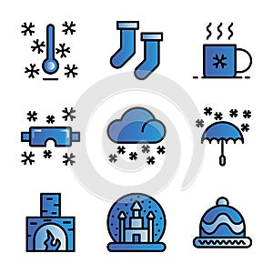 Basic vector winter icon include thermometer, coffee, cold, hot, cup, snow glasses, snow, snowboard, cloud, rain, fireplace, fire