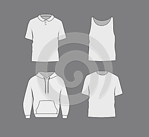 Basic white male t-shirt, polo, hoodie and tank top mockup. Front and back view.