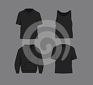 Basic white male t-shirt, polo, hoodie and tank top mockup. Front and back view.