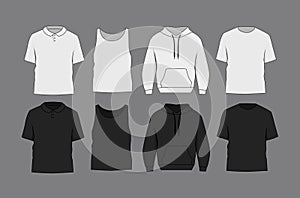 Basic white male t-shirt, polo, hoodie and tank top mockup. Front and back view.