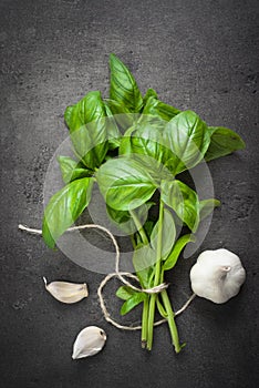 Basil leaves and garlic