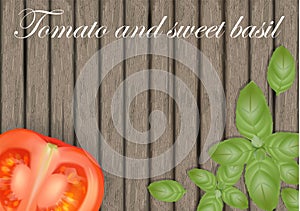 Basil leaves on wooden background with tomatoes. Tomato banner o