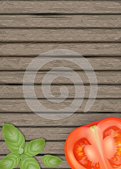 Basil leaves on wooden background with tomatoes. Tomato banner o