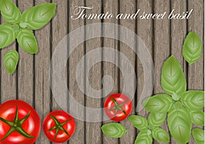 Basil leaves on wooden background with tomatoes. Tomato banner o