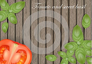 Basil leaves on wooden background with tomatoes. Tomato banner o