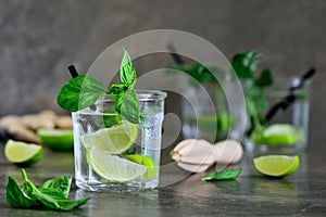 Basil limeade or alcohol cocktail in a glass