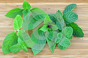 Basil and Mint leaves on a wooden background