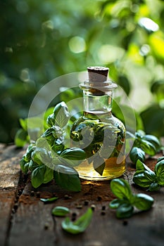 Basil oil on a table in the garden. Selective focus.