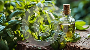 Basil oil on a table in the garden. Selective focus.