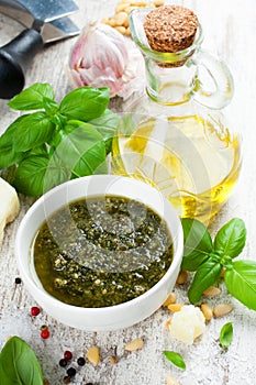 Basil pesto sauce and fresh ingredients