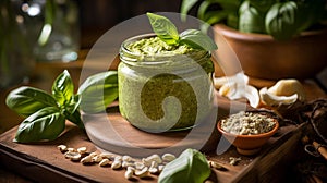 basil pesto sauce and ingredients for pesto on wooden background. Ai Generative.