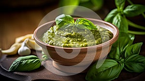 basil pesto sauce and ingredients for pesto on wooden background. Ai Generative.