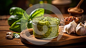 basil pesto sauce and ingredients for pesto on wooden background. Ai Generative.