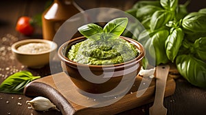 basil pesto sauce and ingredients for pesto on wooden background. Ai Generative.