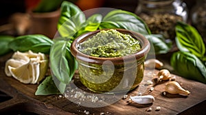 basil pesto sauce and ingredients for pesto on wooden background. Ai Generative.