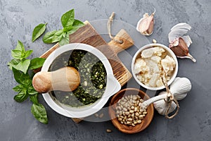 Basil pesto sauce and main ingredients