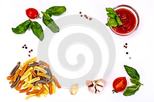 Basil, Red Cherry Tomato with Pasta on White Background