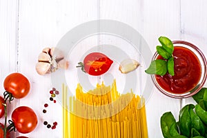 Basil, Red Cherry Tomato with Pasta on White Background