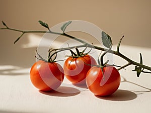 Basil and Red ripe cherry tomatoes with branches on tree. photo