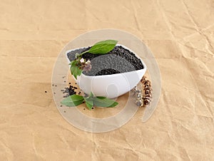 Basil Seeds in a Bowl and Leaves and Dry Pistil