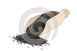 Basil seeds or Hairy, Sabja in wooden scoop isolated on white background. spices and food ingredients