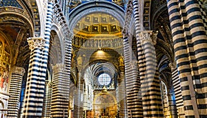 Basilica Arches Nave Rose Window Stained Glass Cathedral Church Siena Italy.