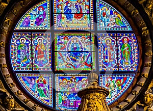 Basilica Blue Virgin Mary Saints Rose Window Stained Glass Cathedral Church Siena Italy.