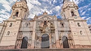 The Basilica Cathedral of Lima is a Roman Catholic cathedral located in the Plaza Mayor timelapse hyperlapse in Lima