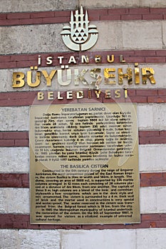 The Basilica Cistern sign and entrance. Istanbul, Turkey.