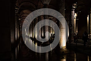 The Basilica Cistern, or Yerebatan Sarayi, is the ancient underground water reservoir beneath Istanbul, Turkey