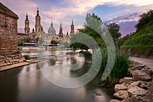 Basilica de Nuestra Senora del Pilar and Ebor River in the Evening, Zaragoza, Aragon, Spain