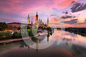 Basilica de Nuestra Senora del Pilar and Ebor River in the Evening, Zaragoza, Aragon, Spain