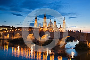 Basilica del Pilar in the evening at sunset. Zaragoza, Spain