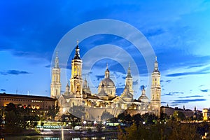 Basilica Del Pilar in Zaragoza in night illumination, Spain