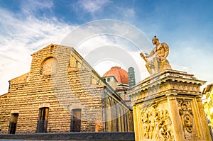 Basilica di San Lorenzo Cappelle Medicee chapel and Giovanni delle Bande Nere monument on Piazza di San Lorenzo square in historic photo