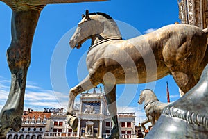 Basilica di San Marco St Mark detail, ancient bronze horses, Venice, Italy. This old sculpture is monument of Roman Byzantine