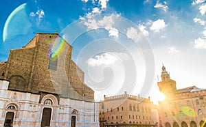 Basilica di San Petronio church facade and Palazzo d`Accursio Palazzo Comunale palace building on Piazza Maggiore square in old photo