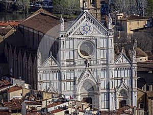 Basilica di Santa Croce Florence Aerial view cityscape from giotto tower detail near Cathedral Santa Maria dei Fiori, Brunelleschi