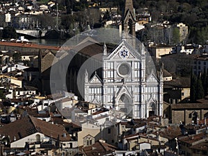 Basilica di Santa Croce Florence Aerial view cityscape from giotto tower detail near Cathedral Santa Maria dei Fiori, Brunelleschi