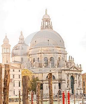 Basilica di Santa Maria della Salute at Grand Canal at direct light and no sky, Venice, Italy, summer time, details photo