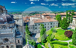 Basilica di Santa Maria Maggiore in Bergamo, Italy. Bergamo Alta Cathedral aerial view