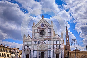 The Basilica of the Holy Cross, a franciscan masterpiece in Florence Italy: view of gothic revival facade.