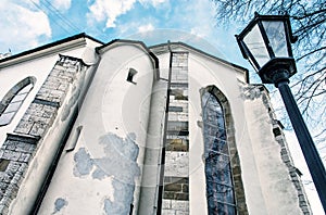 Basilica of the Holy Cross in Kezmarok city, Slovakia, blue filter