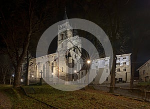 Basilica Minor of Saint Benedict at night. Hronsky Benadik. Slovakia