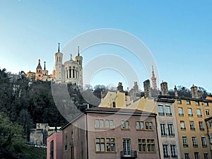 Basilica of Notre-Dame de Fourviere and Metallic tower of Fourviere, rooftops and chimneys, Lyon, France, Europe