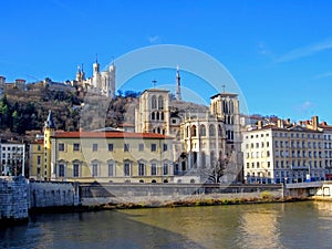Basilica of Notre-Dame de Fourviere of Virgin Mary and Cathedral of Saint John the Baptist, Lyon, France