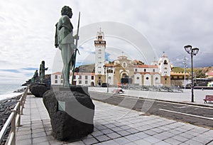 Basilica of Our Lady and statues on Candelaria embankment, Tenerife, Canary islands, Spain