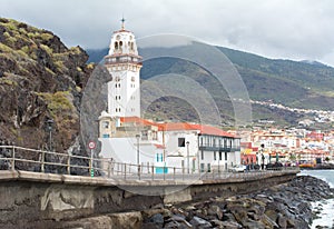 Basilica of Our Lady tower and Candelaria embankment, Tenerife, Canary islands, Spain